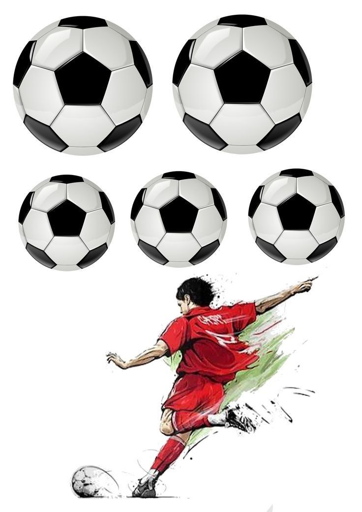 four soccer balls are flying in the air and one is kicking it with its foot