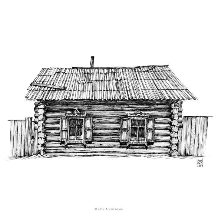 a pencil drawing of a log cabin