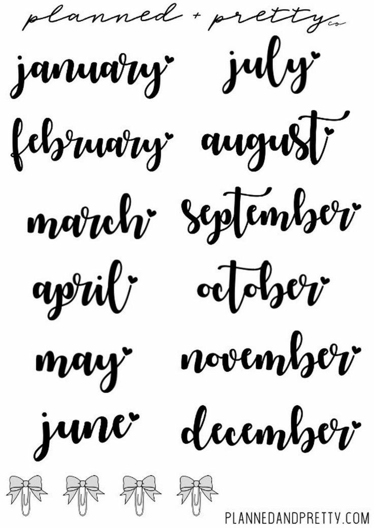 handwritten months of the year in black ink on white paper with bows and ribbons