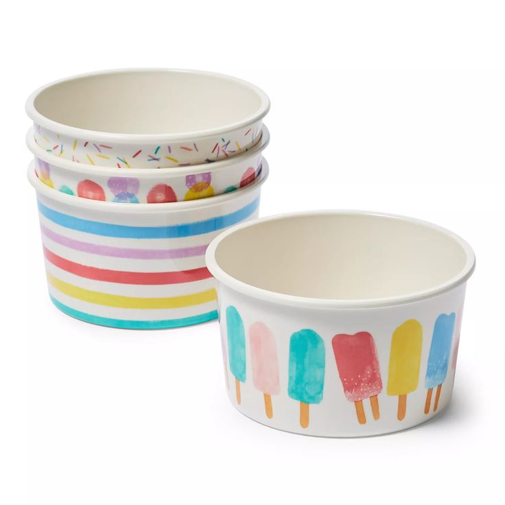 three bowls with ice cream and sprinkles painted on them