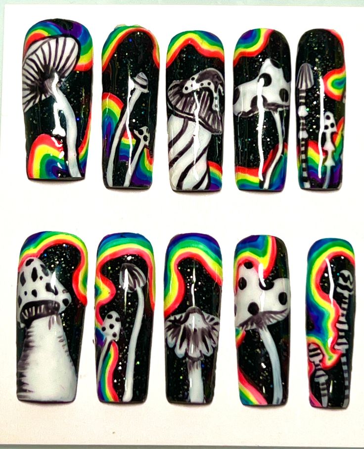 Acid Mushroom Trip Nails to elevate any look! These press ons include a set of 10 hand-painted, high quality tips with professional gel polish. Your order you will come with  - Disposable cuticle pusher  - Buffer - Nail File - Alcohol Prep Pad - Nail Glue & Nail Stickers Press on nails can last for over two weeks maybe even more with proper application and great nail care maintenance. Message me if you are unsure about the size/length. We DO NOT accept cancelation for sizing/length problems that Trip Nails, Mushroom Trip, Pastel Light Blue, Disney Acrylic Nails, Simple Spring Nails, Nails Pretty, Nail Prices, Unique Acrylic Nails, Great Nails