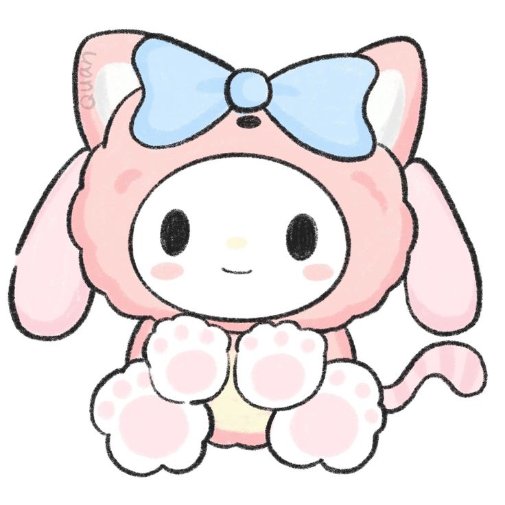 a drawing of a pink dog with a blue bow on it's head and paws