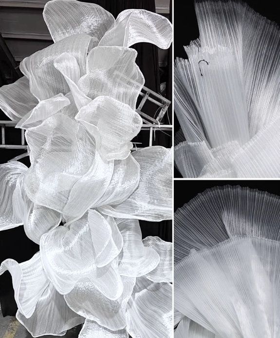 three pictures of white plastic bags in different stages of being blown by the wind, and then unwrapped