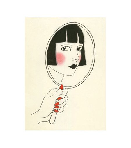 a drawing of a woman holding a magnifying glass in front of her face