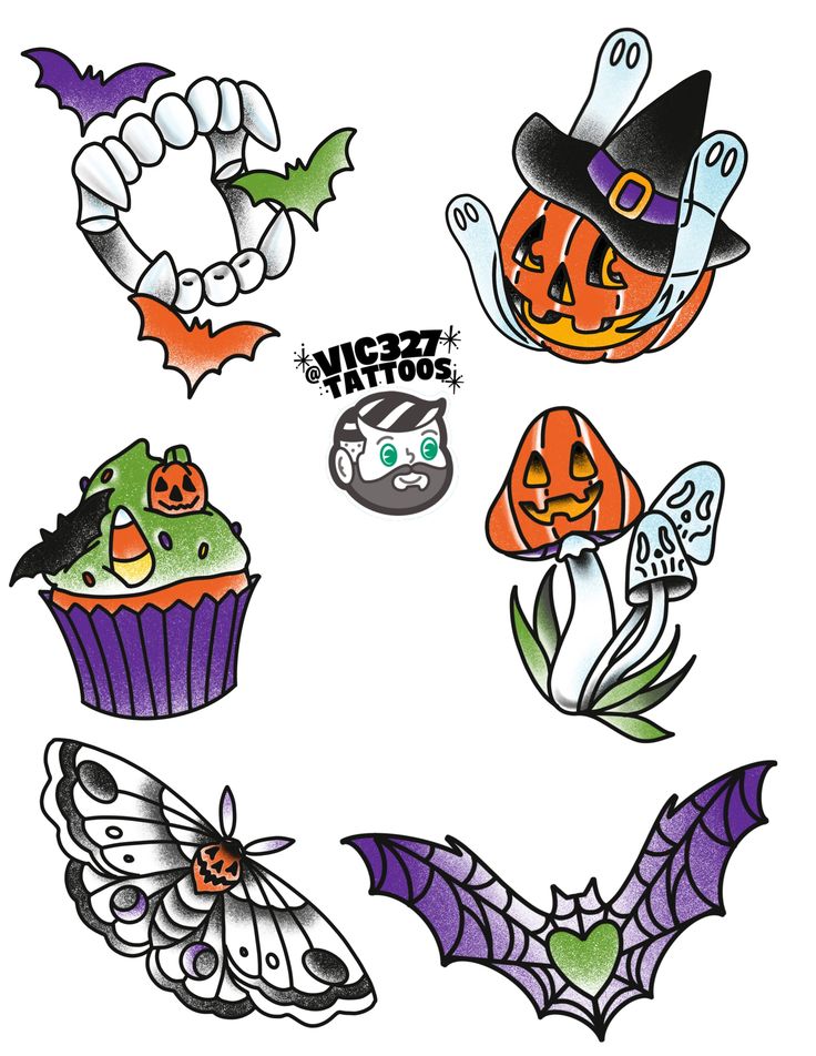 halloween stickers are arranged in the shape of bats, pumpkins and other decorations