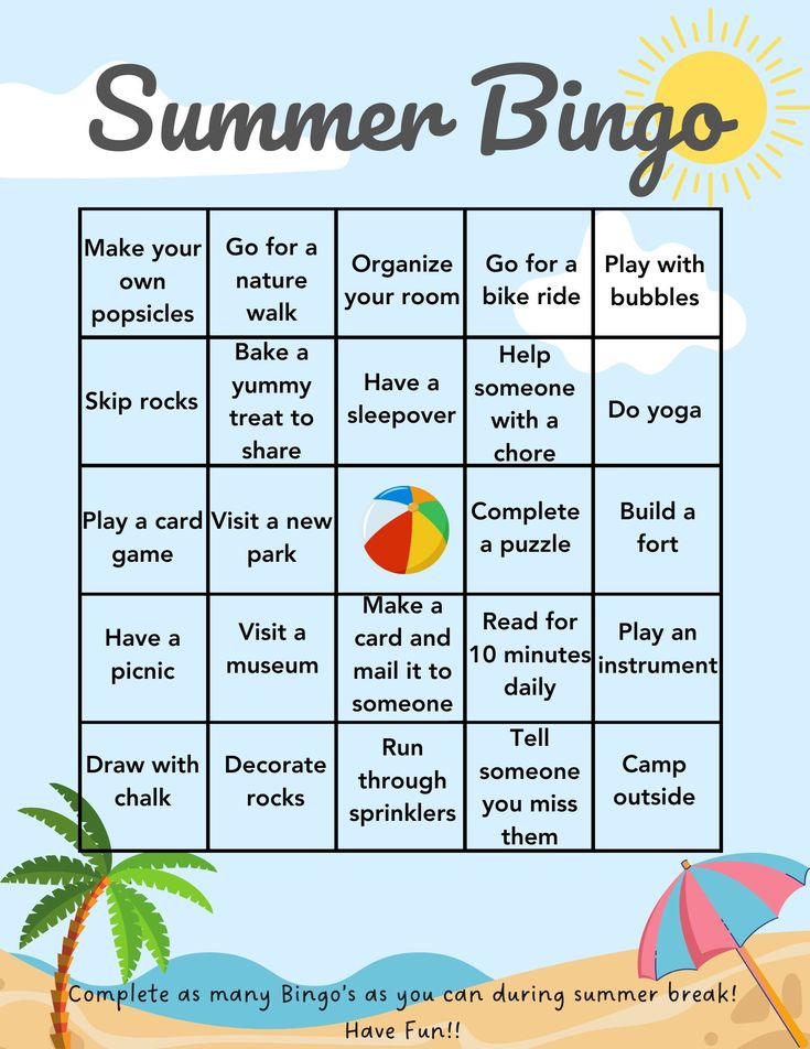 a printable summer bingo game with an umbrella on the beach and palm trees in the background