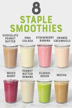 the 8 types of smoothies in each glass are labeled with different colors and flavors