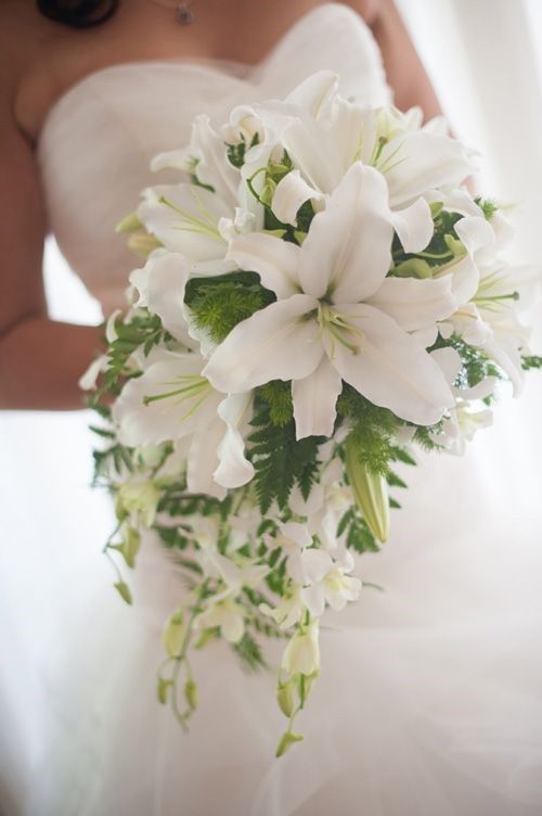 a bride holding a bouquet of white flowers