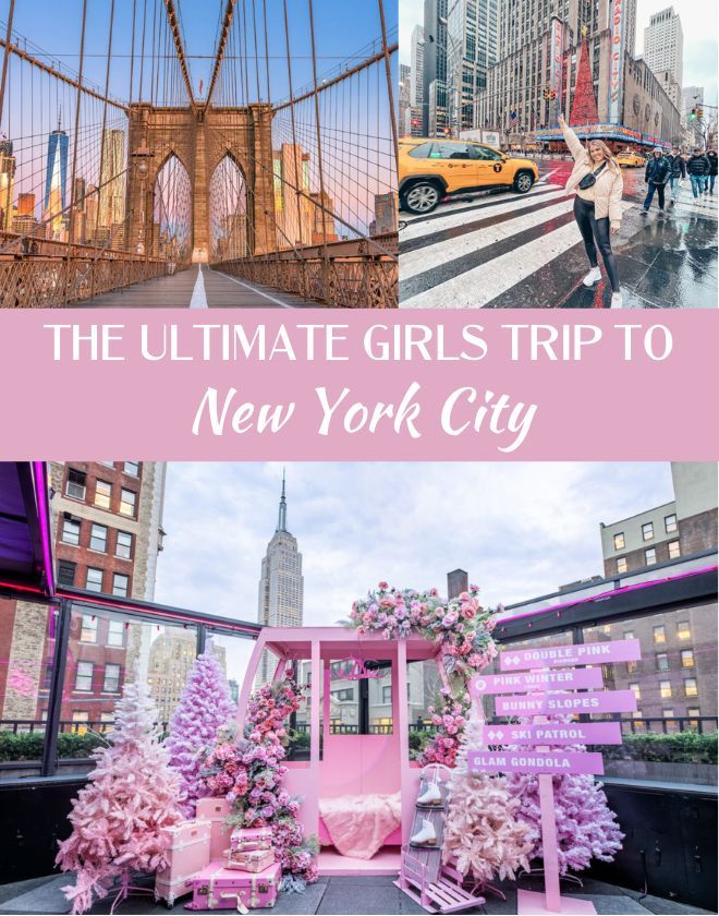 the ultimate girls trip to new york city with pink decorations and flowers on display in front of