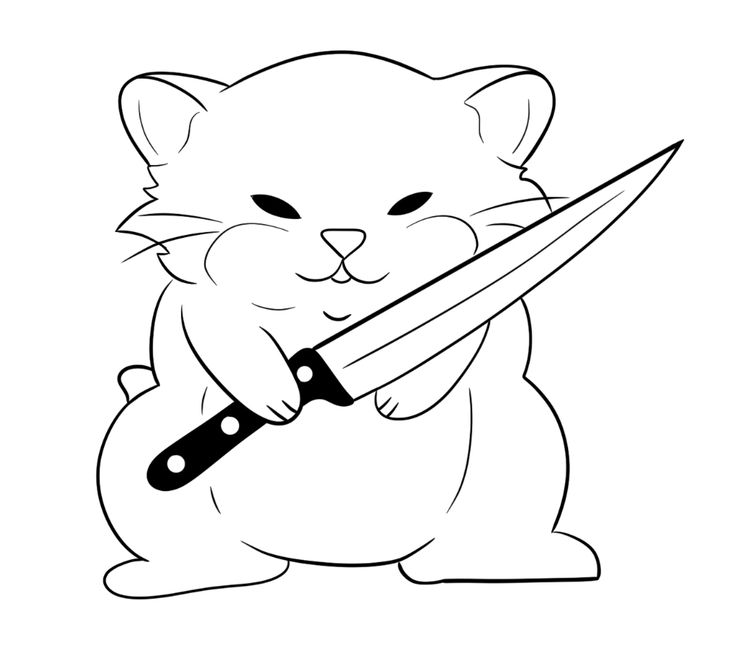 a black and white drawing of a cat with a knife in it's paws