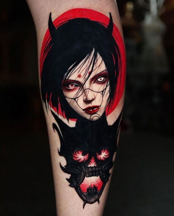 a woman with black hair and red eyes has a demon tattoo on her leg,