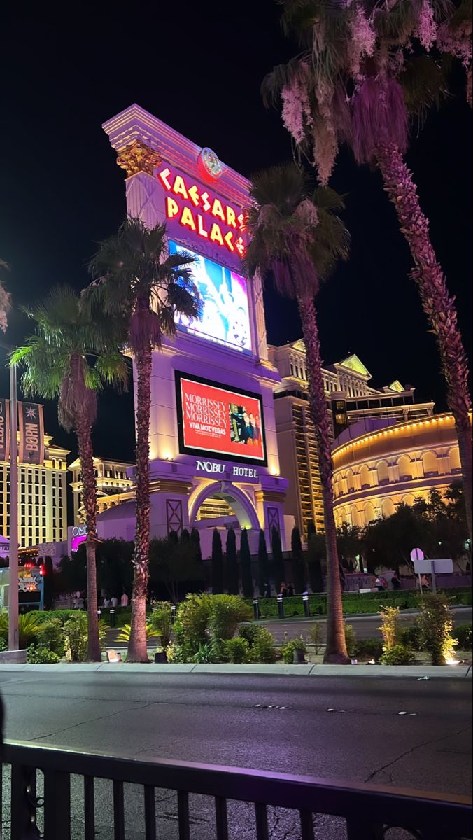 the las vegas palace hotel and casino is lit up at night with palm trees in front