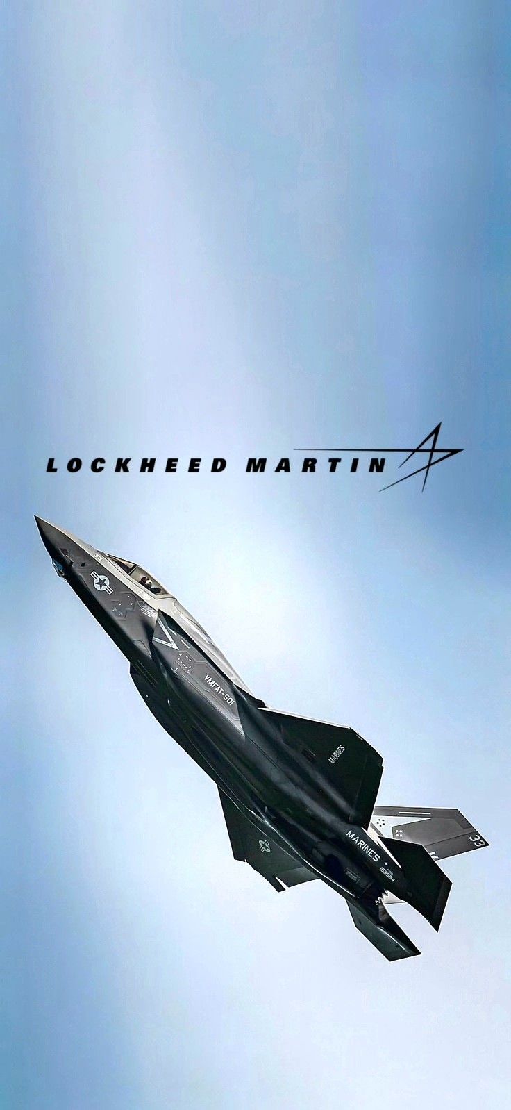 a fighter jet flying through the sky with an ad above it that reads, locked martin