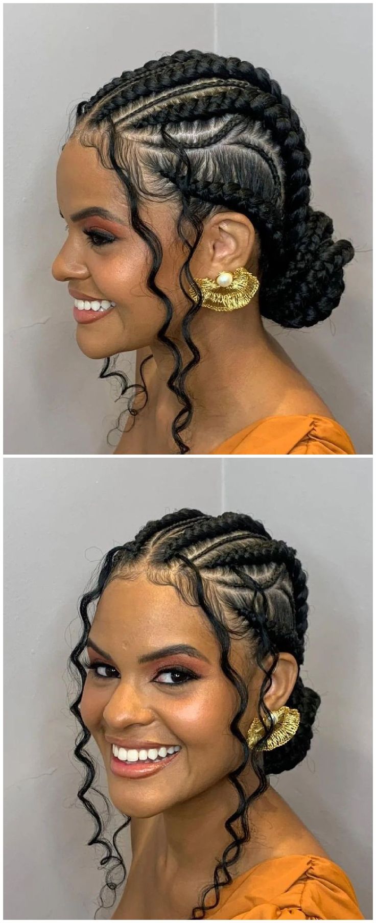 Funali Braids With Natural Hair, Braid Hairstyles For A Wedding, Black Woman Wedding Hairstyles Braids, Cornrows Added Hair, Feedin Goddess Braids, Five Feedin Braids To The Back, Cornrows With Curls In A Bun, Braided Updo Wedding African American, Braided Wedding Styles Black Hair