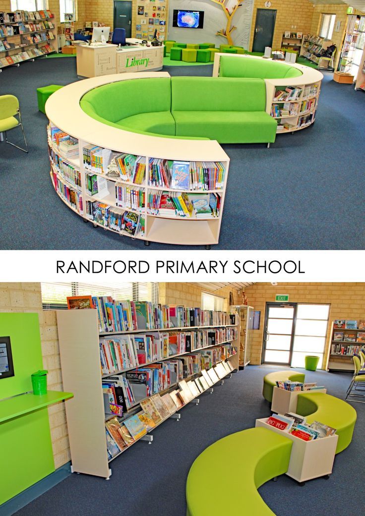 this is a before and after shot of a library with curved bookshelves in the middle