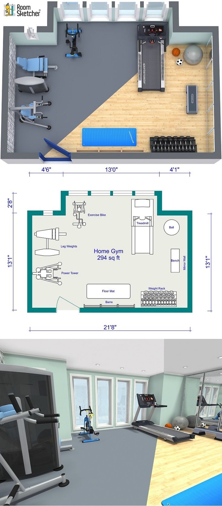 the floor plan for a home gym room with treadmills, exercise equipment and other items