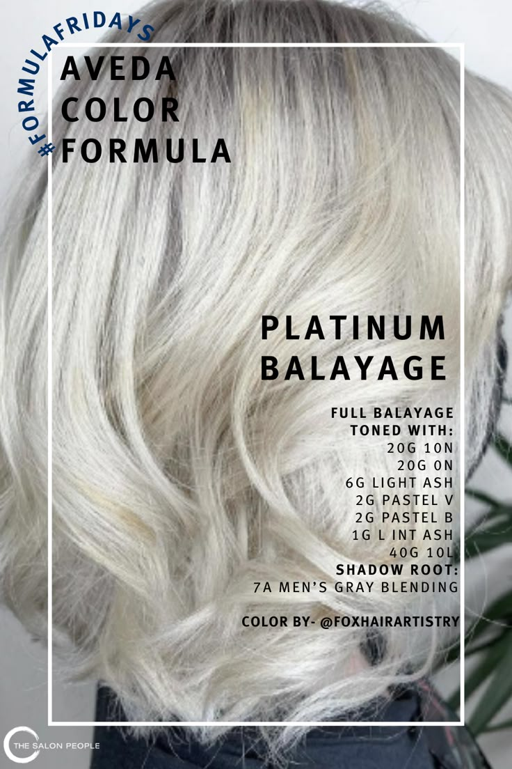 full balayage toned with: 20g 10N 20g 0N 6g Light Ash 2g Pastel V 2g Pastel B 1g L Int Ash 40g 10L shadow root: 7A Men’s Gray blending color by- @​foxhairartistry #formulafriday #aveda #avedacolor #avedablonde #avedaartists #thesalonpeople #platinum #platinumbalayage Aveda Hair Color Chart Blondes, Aveda Icy Blonde Toner Formula, Aveda Color Formulas Blondes, Aveda Hair Color Formulations, Aveda Blonde Toner Formula, Aveda Blonde Hair Color, Aveda Color Formulas, Aveda Formulas, Haircolor Formulas