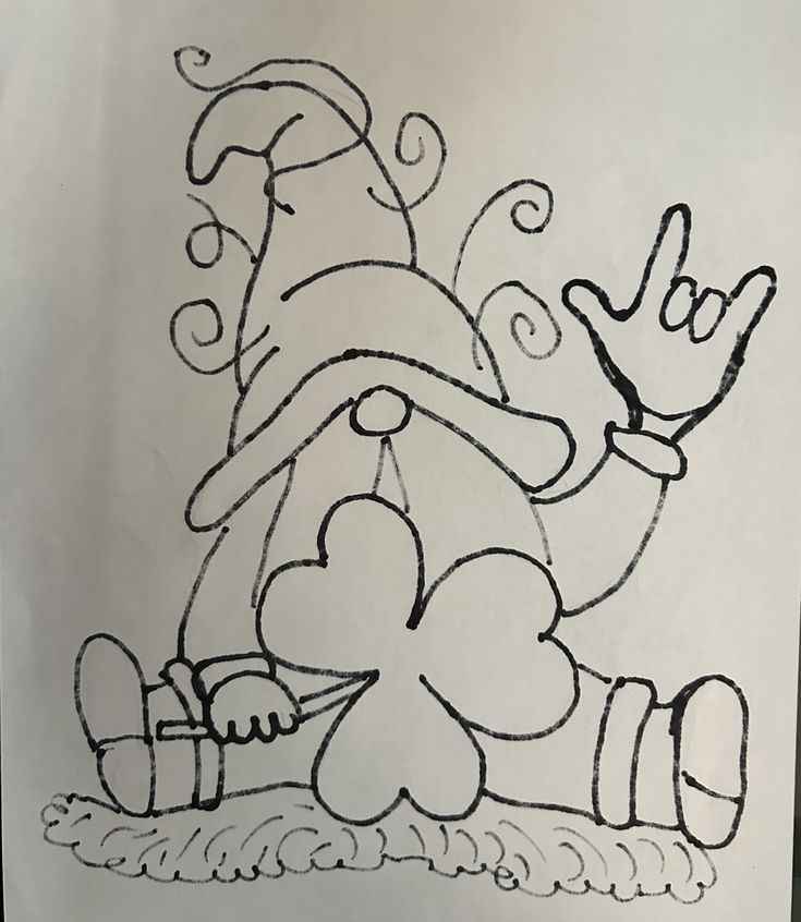 a drawing of an elf sitting on top of a pile of paper with one hand in the air