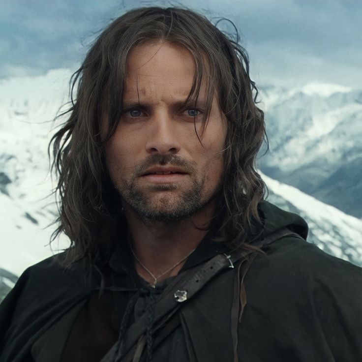 a man with long hair standing in front of snow covered mountains and looking at the camera