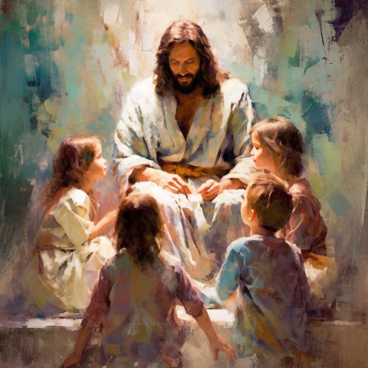 a painting of jesus surrounded by children