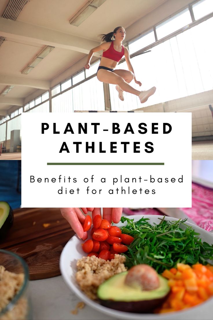 a woman jumping in the air over a plate of vegetables and fruits with text that reads plant - based athletes benefits of a plant - based diet for athletes