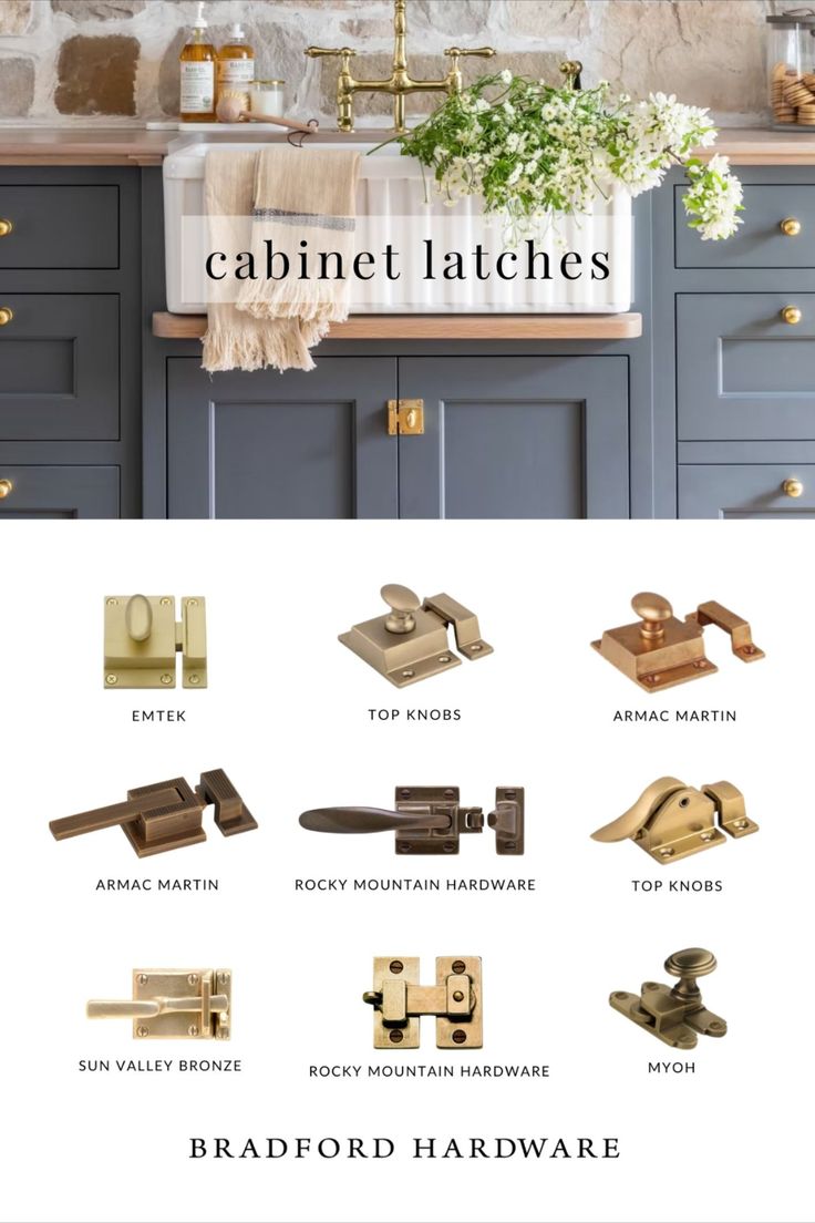 Collection of cabinet and cupboard latches 

One popular option for decorative cabinet latches is vintage-style latches. These latches have a classic look, reminiscent of latches found in homes of the past. They can add a touch of nostalgia to your kitchen and can be found in a variety of finishes such as brass, satin nickel, polished nickel, chrome, black, oil rubbed bronze, and pewter. Cabinet Latches, Cabinet Door Hardware, Farmhouse Cabinets, Cabinet Door Styles, Cabinet Latch, Unique Cabinets, Kitchen Knobs, Farmhouse Kitchen Cabinets, Kitchen Cabinet Pulls