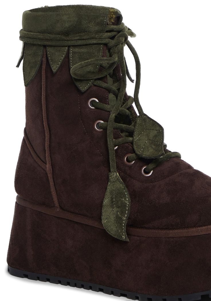 You live among the trees and what better way to trek through the woods than with these boots that have a faux suede construction, a faux fur interior, a leaf inspired design on the top, and a front lace-up closure with detailed leaf appliques on the shoe ties. Brown Lace-up Platform Boots For Outdoor, Brown Suede Lace-up Wedge Boots, Leaf Boots, Fairy Boots, Fairycore Forest, Forest Outfit, Forest Cottagecore, Forest Dweller, Current Mood Clothing