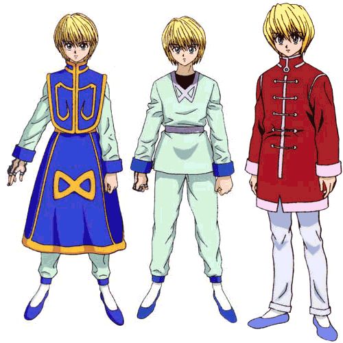 three anime characters are standing next to each other wearing different colored clothes and outfits, one is