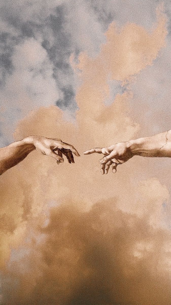 two hands reaching out towards each other in front of a cloudy sky with white clouds