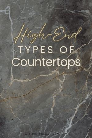 the cover of high end types of countertops, with gold lettering on grey marble