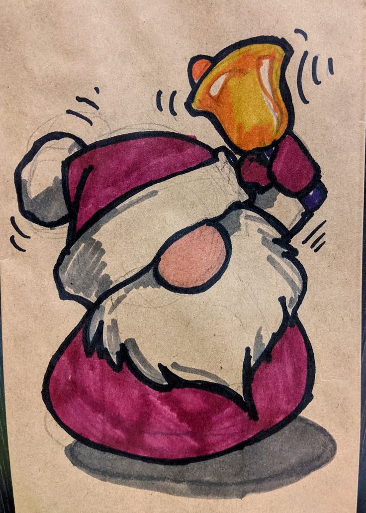 a drawing of santa claus on a piece of paper with a candle sticking out of it