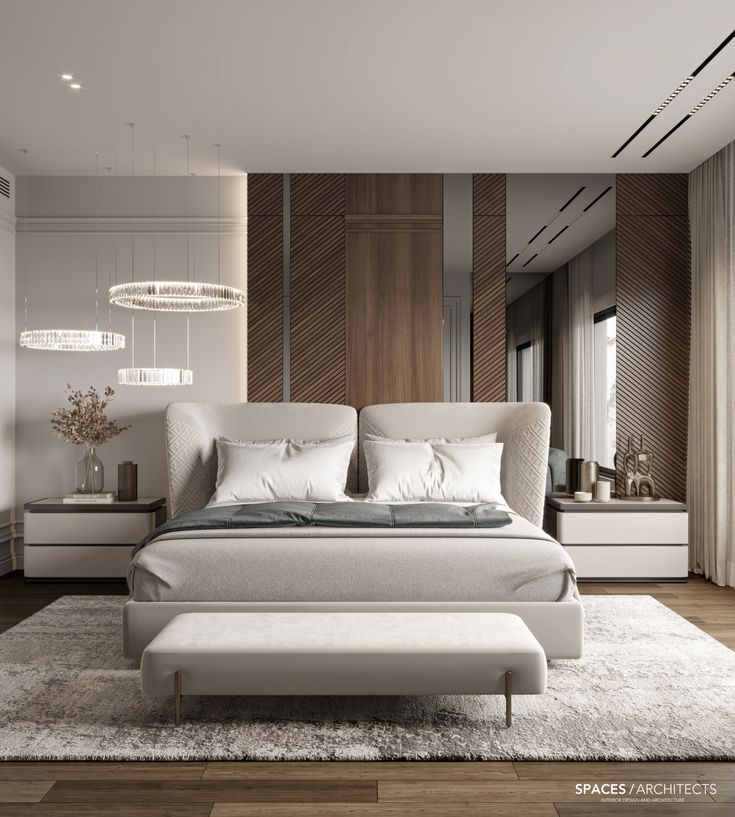 a modern bedroom with white furniture and wood paneling