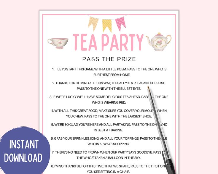 tea party pass the prize printable