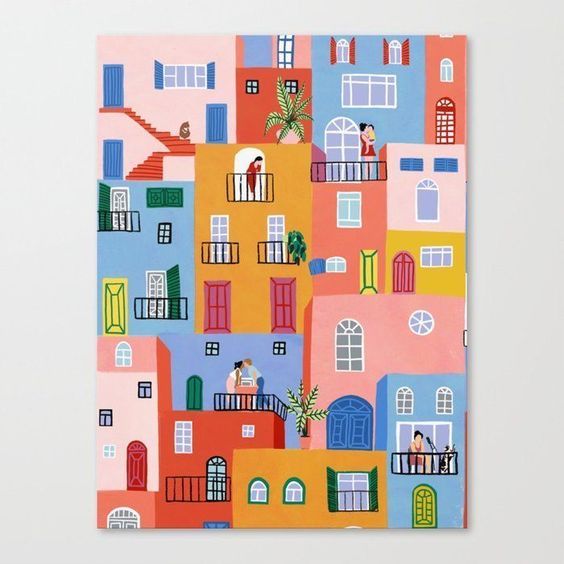 a painting of colorful buildings with people on the balconies