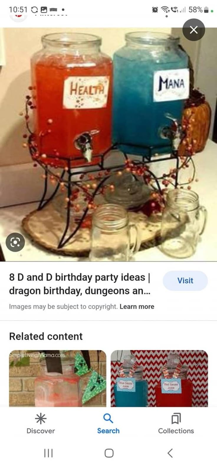 two jars filled with drinks sitting on top of a table next to each other and the caption reads, b d and d birthday party ideas dragon dunigan