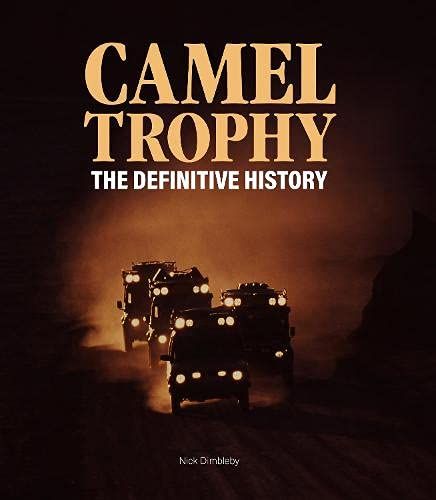 the book cover for camel trophy, with three trucks driving down a dirt road at night