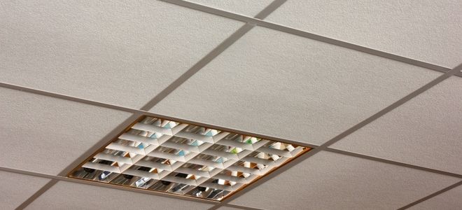 the ceiling in an office building has several rows of cups on it and one is empty