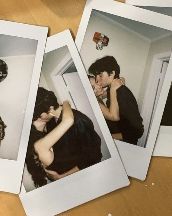 three polaroid photos of two people kissing each other on the floor in front of a mirror