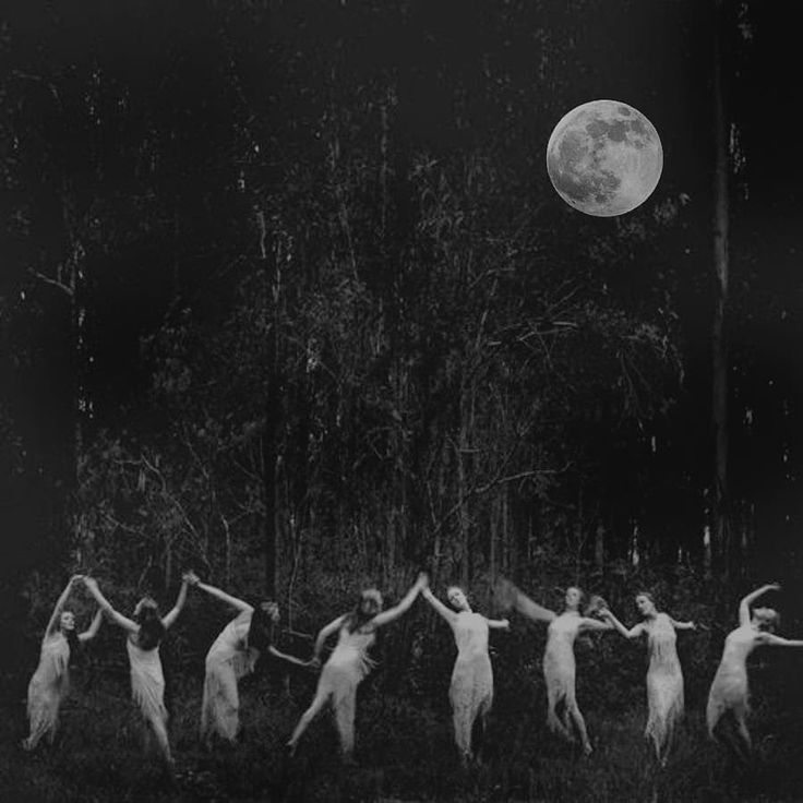 five women are dancing in the moonlight with their arms stretched out to reach the moon