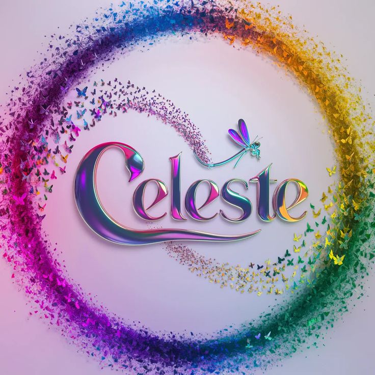 the word celesie is surrounded by multicolored confetti and butterflies