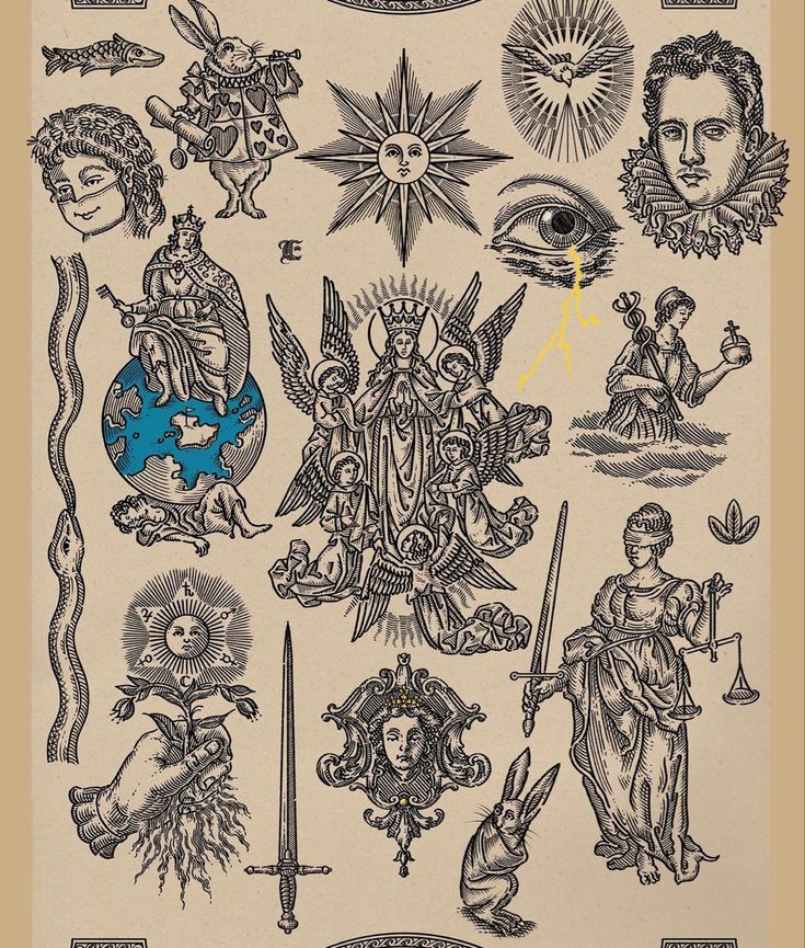 an old book with many different types of tattoos on it, including angels and other symbols