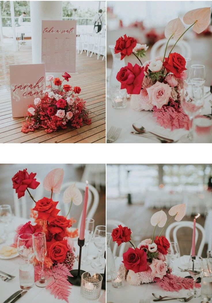 red and pink flowers are arranged in vases on the tables at this wedding reception