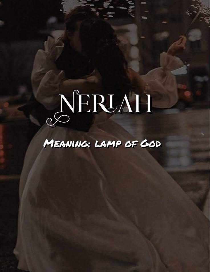 a woman in a white dress holding an umbrella with the words nerah meaning lamp of god