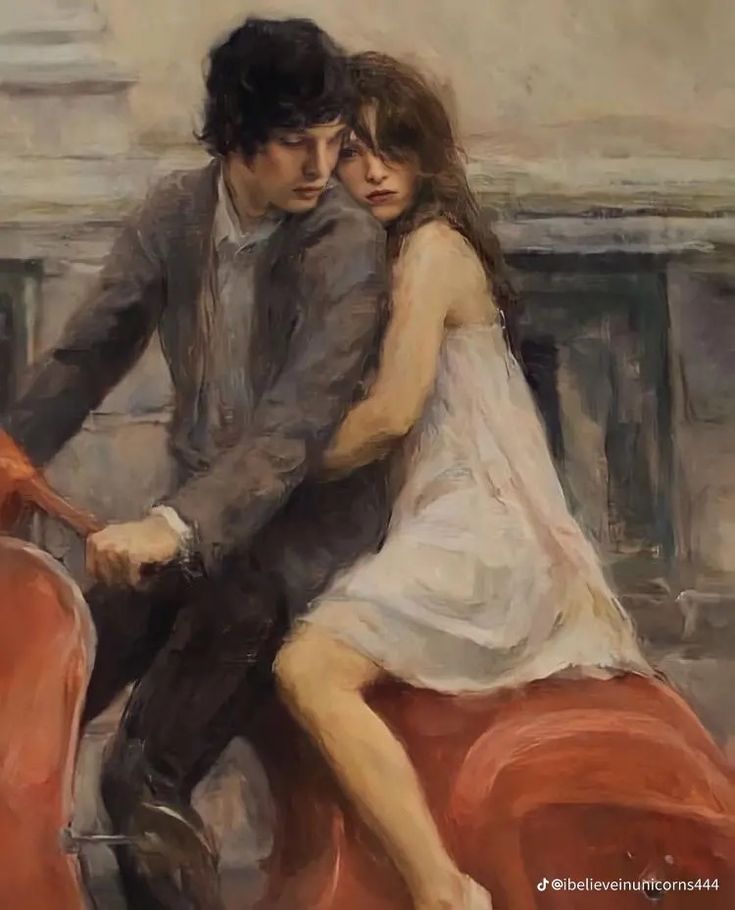 a painting of a man and woman on a scooter