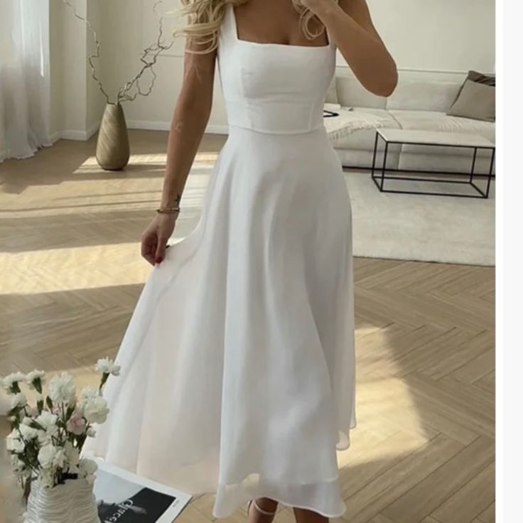 Brand New Commense White Midi Dress Size Small. Very Cute, Not See Through Just A Little More Bridal Than I Was Going For Elegante Y Chic, 파티 드레스, Breezy Dress, High Waist Fashion, Solid Color Dress, Dress Xl, Evening Party Dress, Aaliyah, Party Dresses For Women