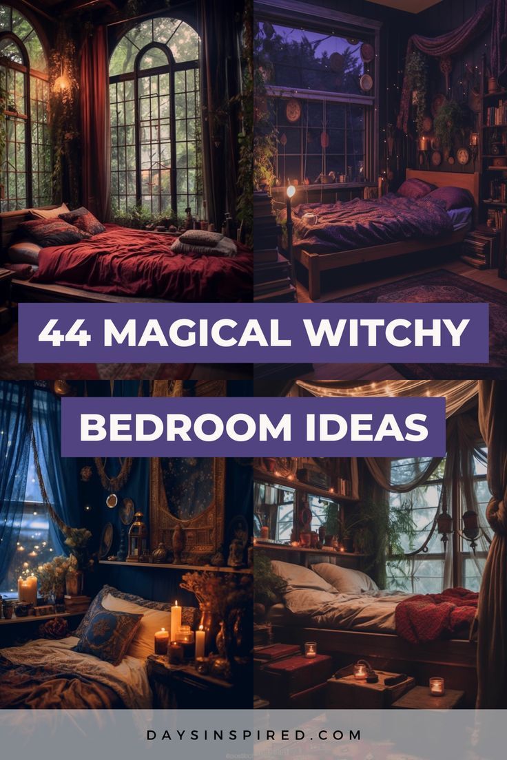 four images with the words 4 magic witchy bedroom ideas