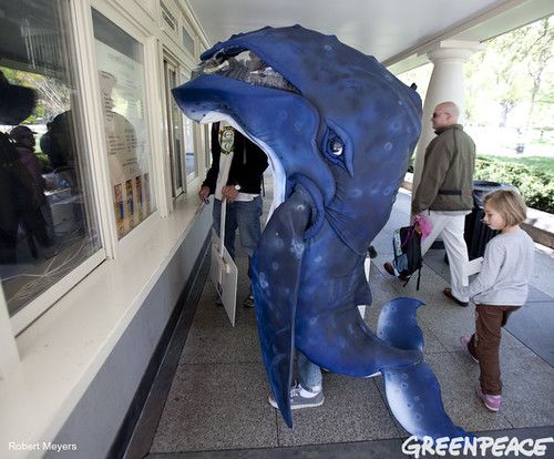 people are standing near a large blue dolphin statue on the side of a building with its mouth open