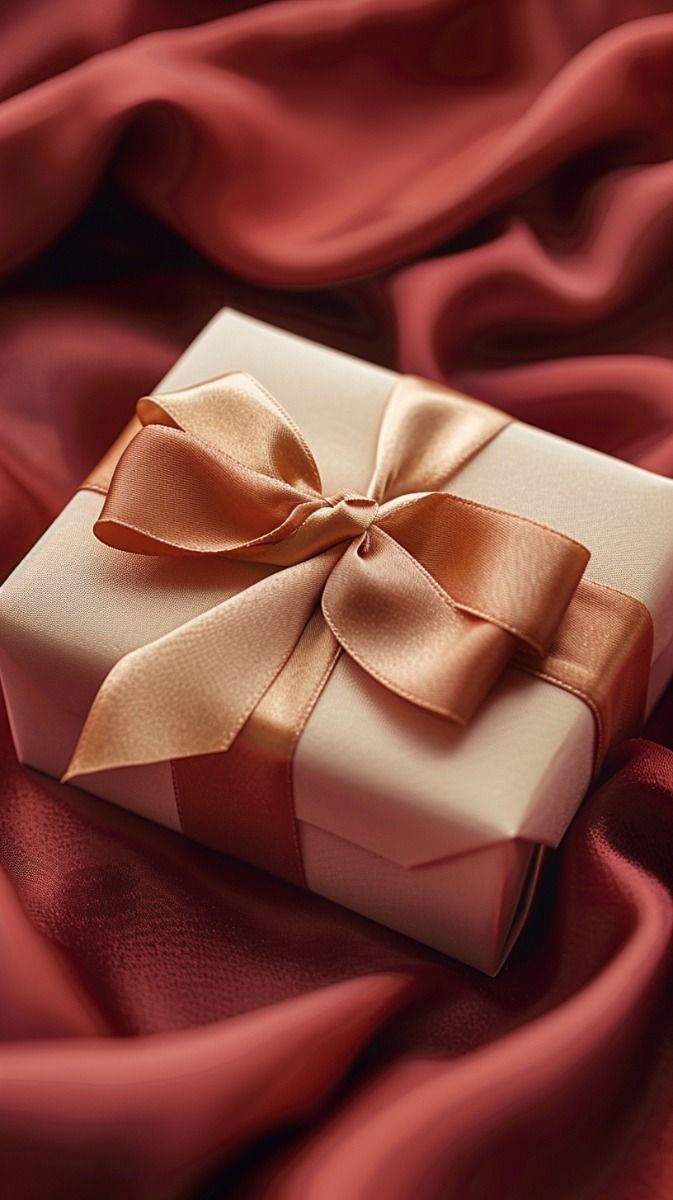 a white gift box with a gold bow on top of red satin fabric, laying on it's side