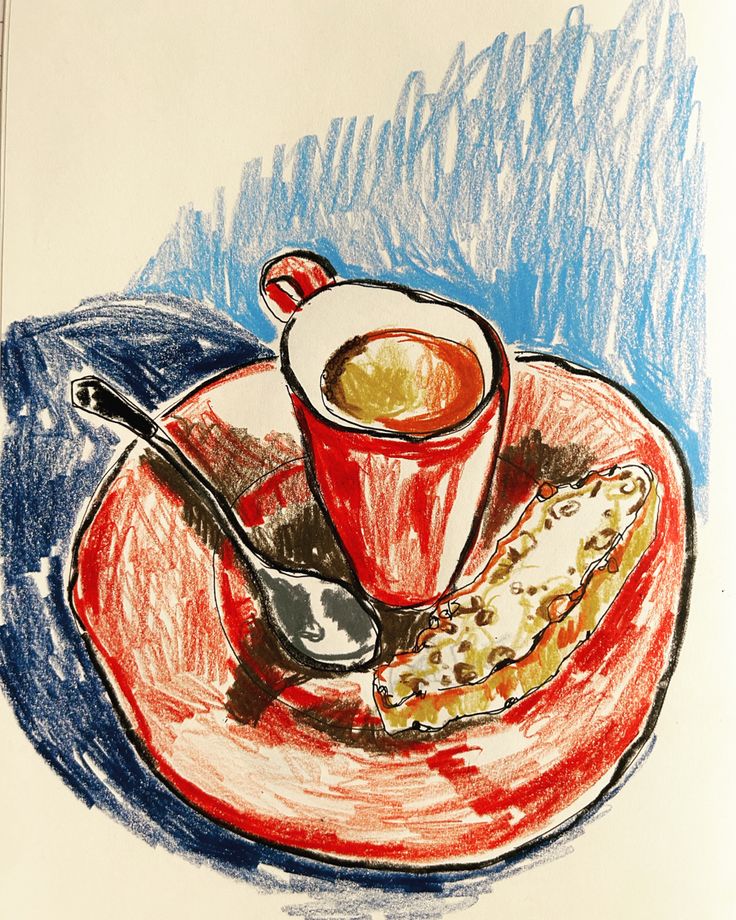 a drawing of a cup of coffee on a plate