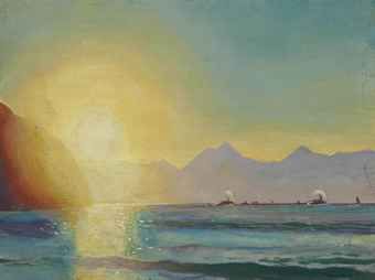 a painting of the sun setting over water with mountains in the background and boats on the ocean